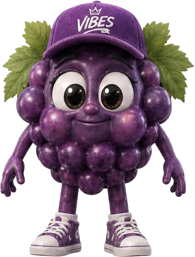 Vibi de face, une grappe de raisin à casquette VIBES